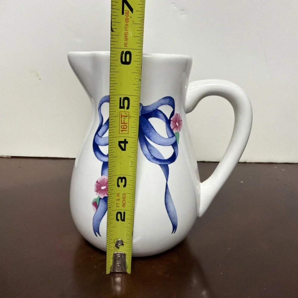 Vintage FTD White Blue Ceramic Pitcher Floral Ribbon Pattern‎ Art Pottery 6
